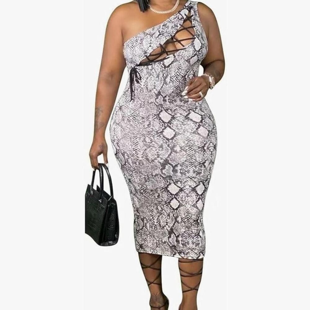 Women’s Plus Size 3x Snake Print One Shoulder Midi Dress Lace Up Bodycon Dress